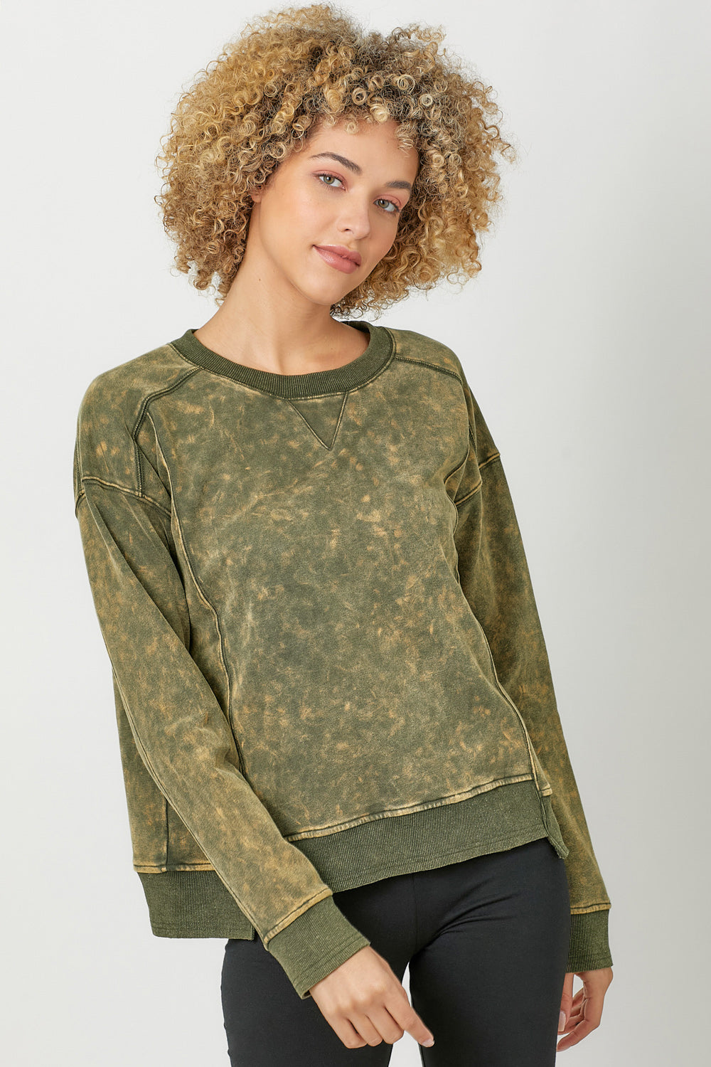 Fleece Terry Crew Neck Washed Sweatshirt Washed Olive