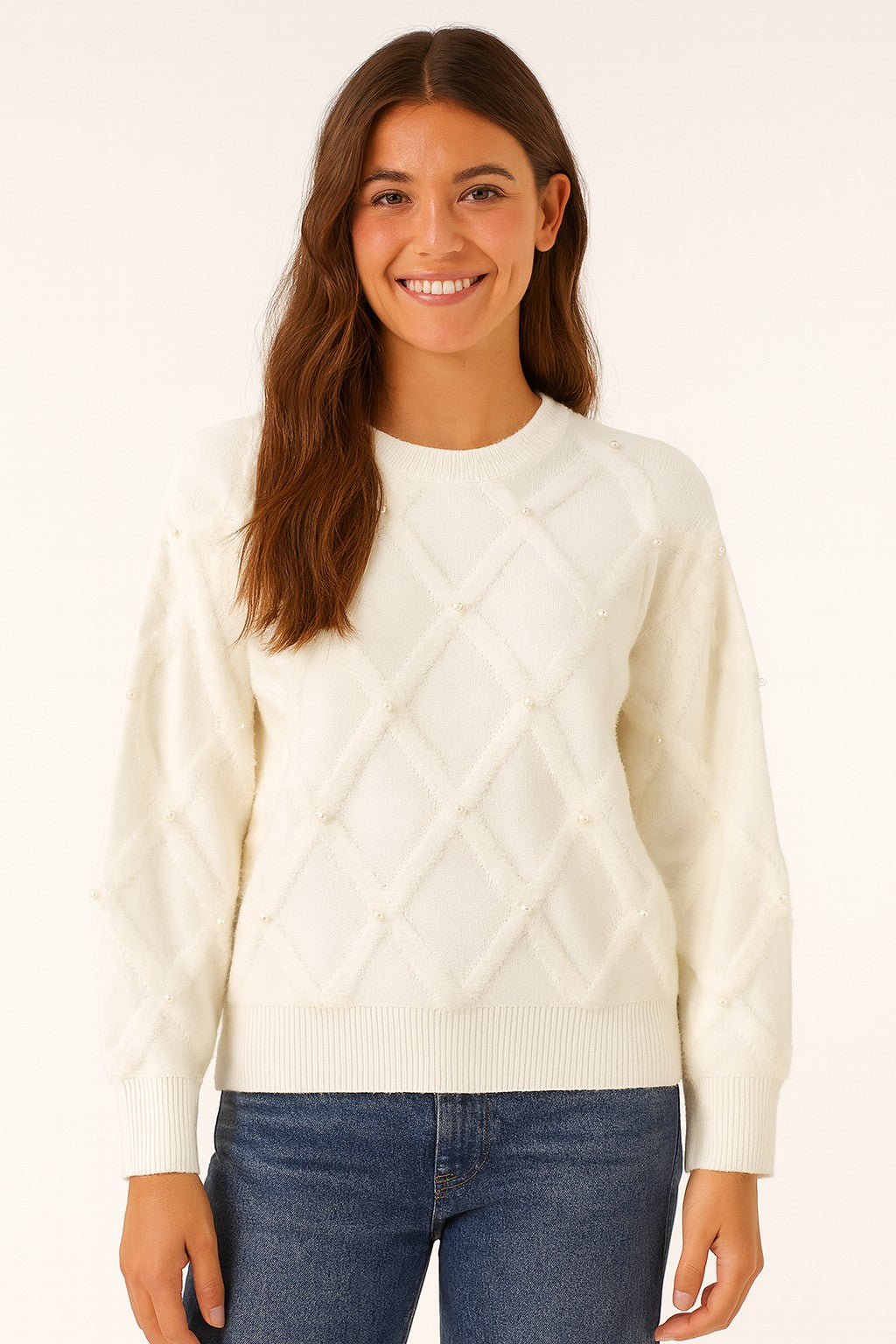 Diamond Knit Pearl Pullover Ivory