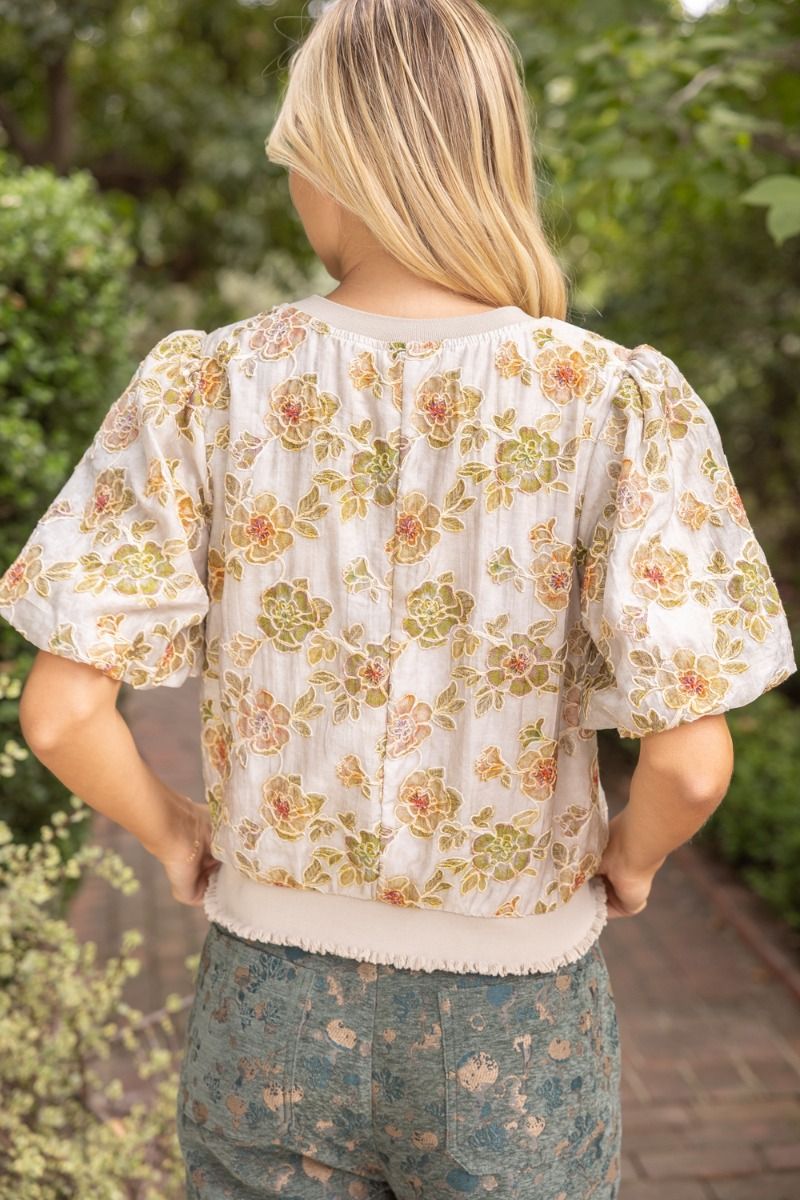 Ribbed Knit Band Floral Embroidered Top Taupe