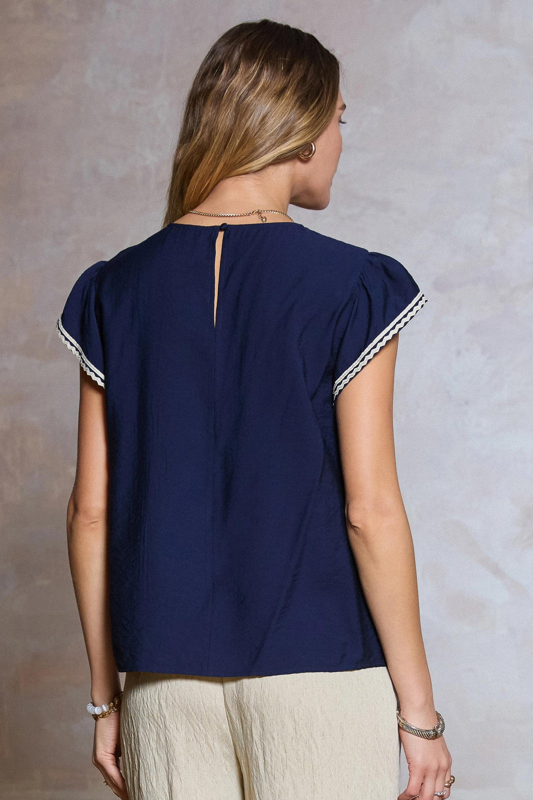 Embroidered Front Rick Rack Sleeve Blouse Navy