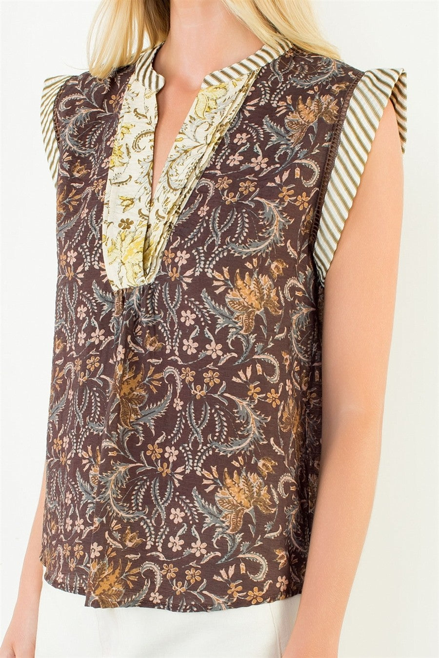 Vintage Floral Stripe Contrast Sleeveless Top Brown