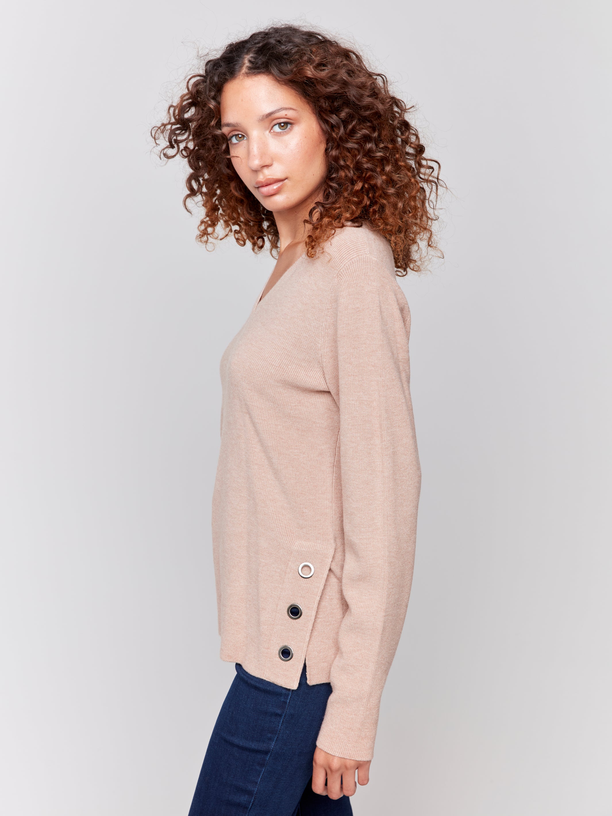 Plushy Knit Vneck Side Placket Grommet Top Heather Truffle
