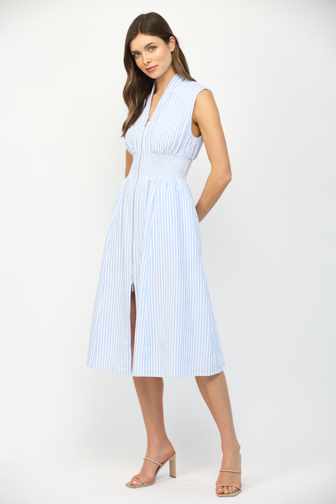 Vertical Striped Front Zip Midi Dress Blue + White