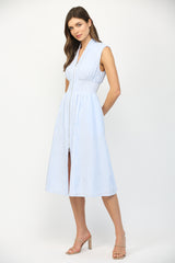 Vertical Striped Front Zip Midi Dress Blue + White