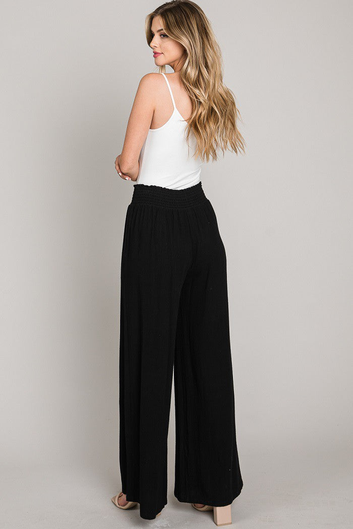Linen Smock Waist Wide Leg Pants Black