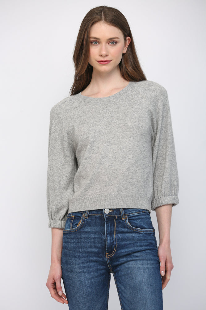 Cashmere Blend Elastic Cuff Half Sleeve Sweater Heather Grey