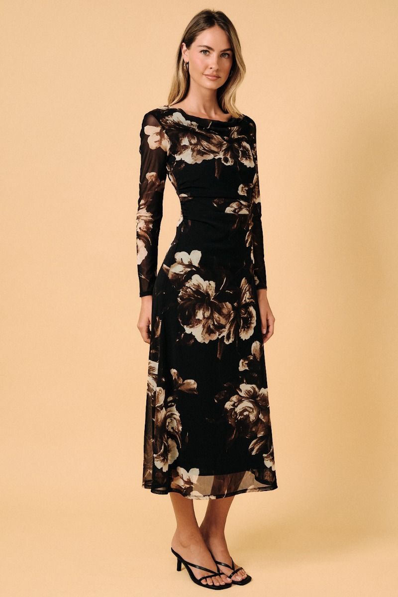 Cowl Neck Ruched Waist Floral Mesh Midi Dress Black + Brown