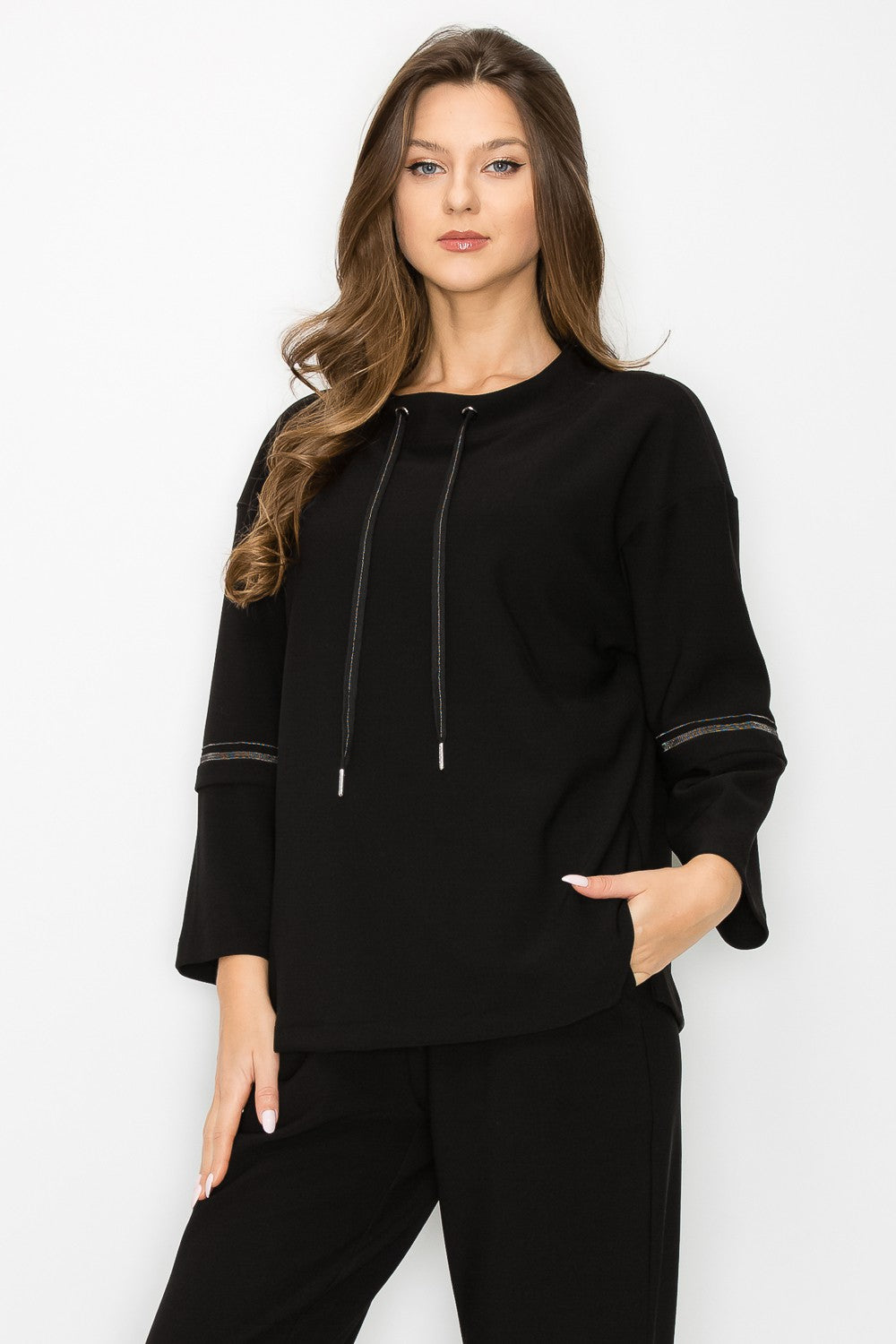 Kayla Beaded Trim Cowl Drawstring Top Black