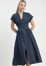 Pinstripe Smocked Waist Button Front Midi Dress Dark Denim