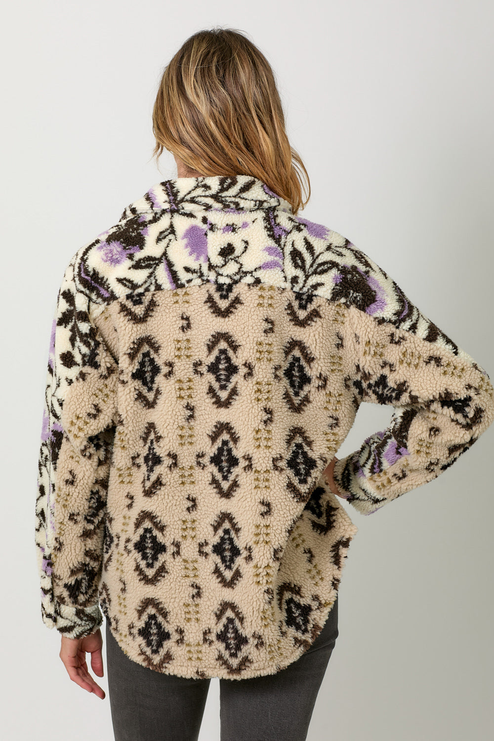 Mix Print Floral Sherpa Button Down Jacket Oatmeal