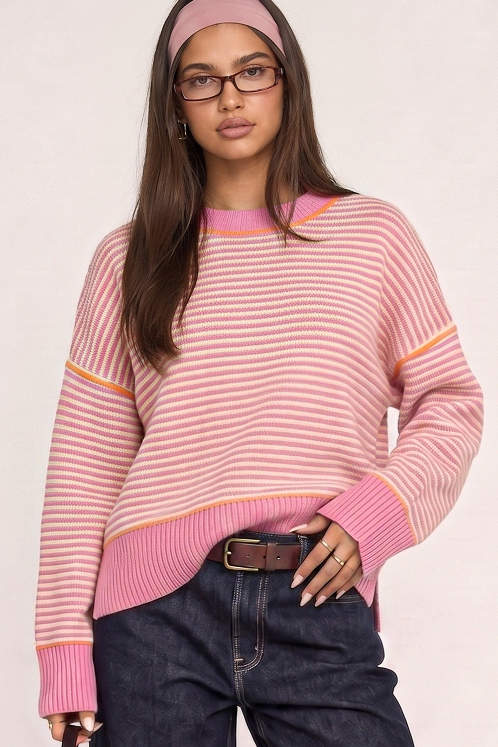 Contrast Trim Stripe Knit Sweater Pink