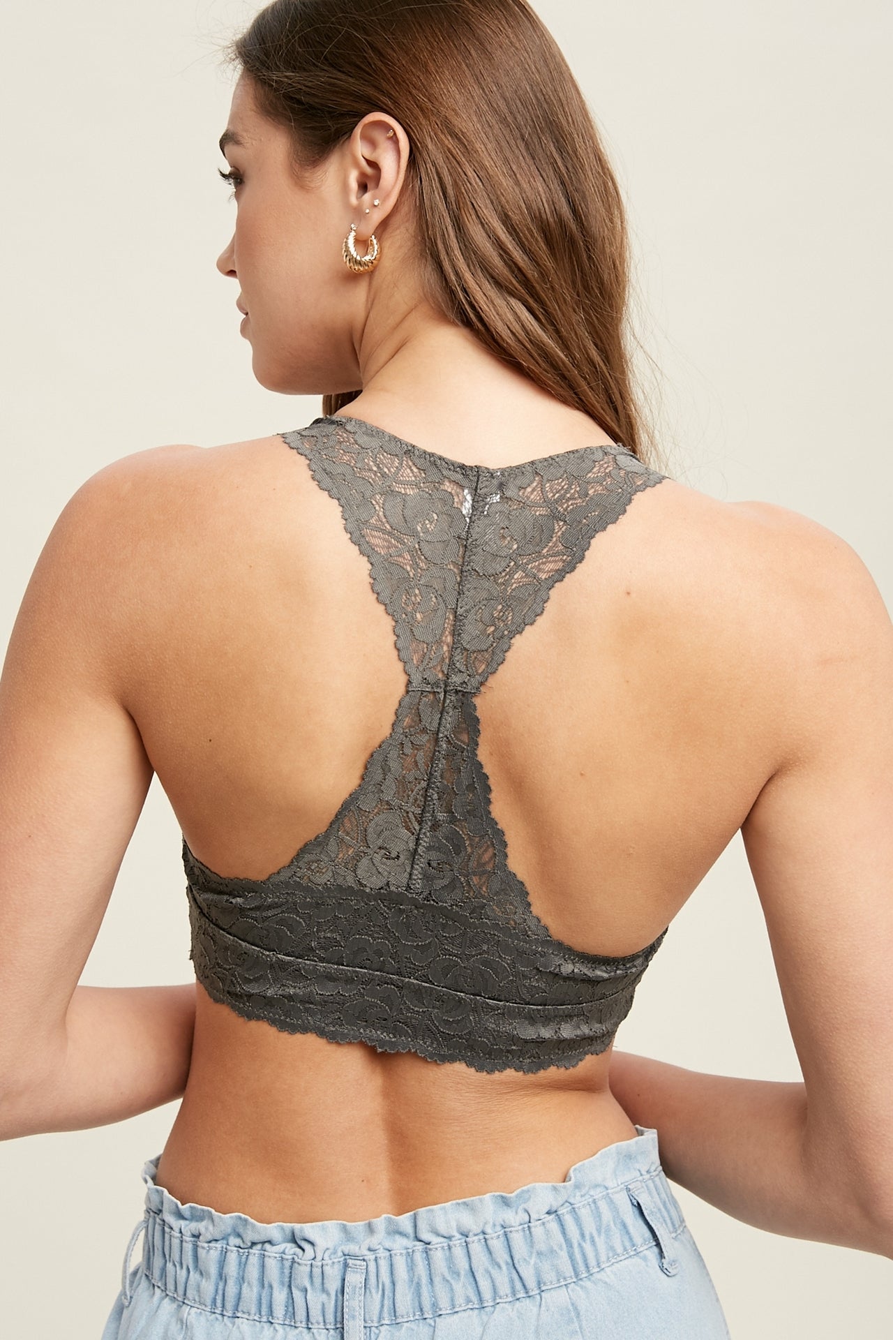Scalloped Racerback Lace Bralette Medium Grey