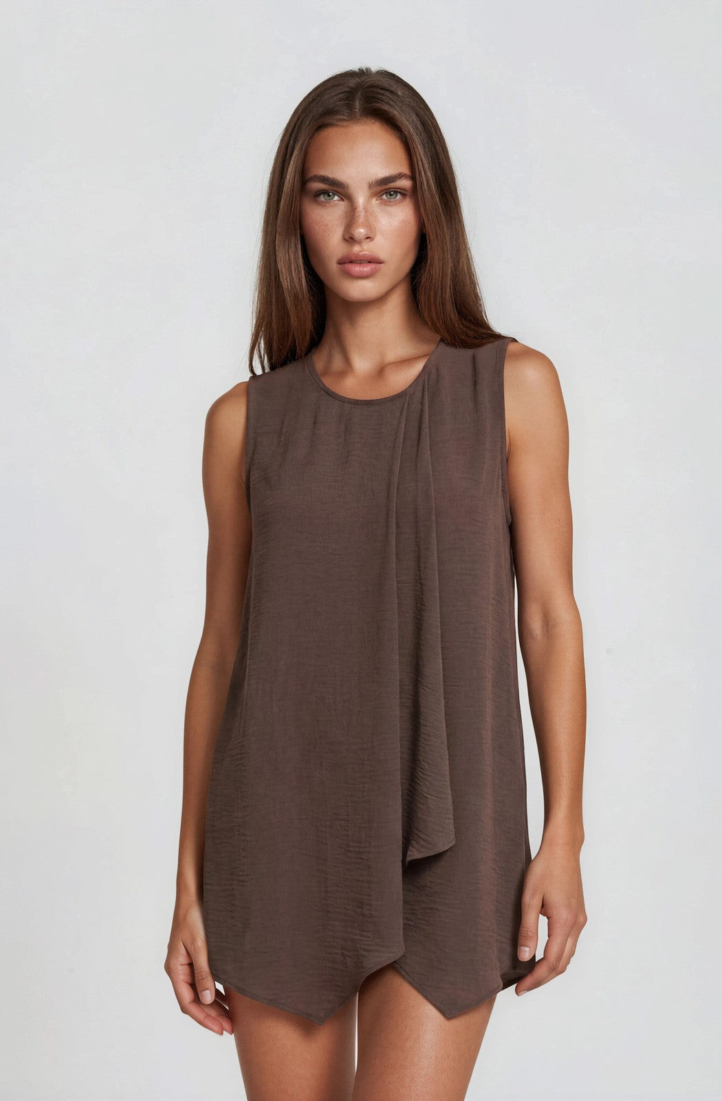 Round Neck Pleat Detail Shift Mini Dress Chocolate