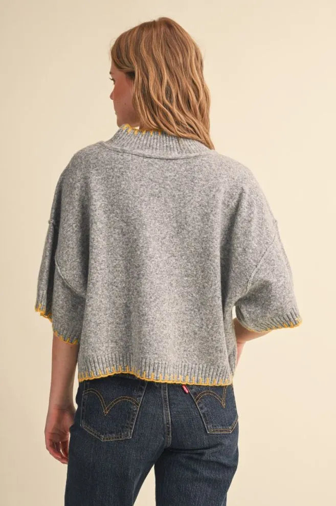 Blanket Stitch Mock Neck Short Sleeve Sweater Grey Yellow