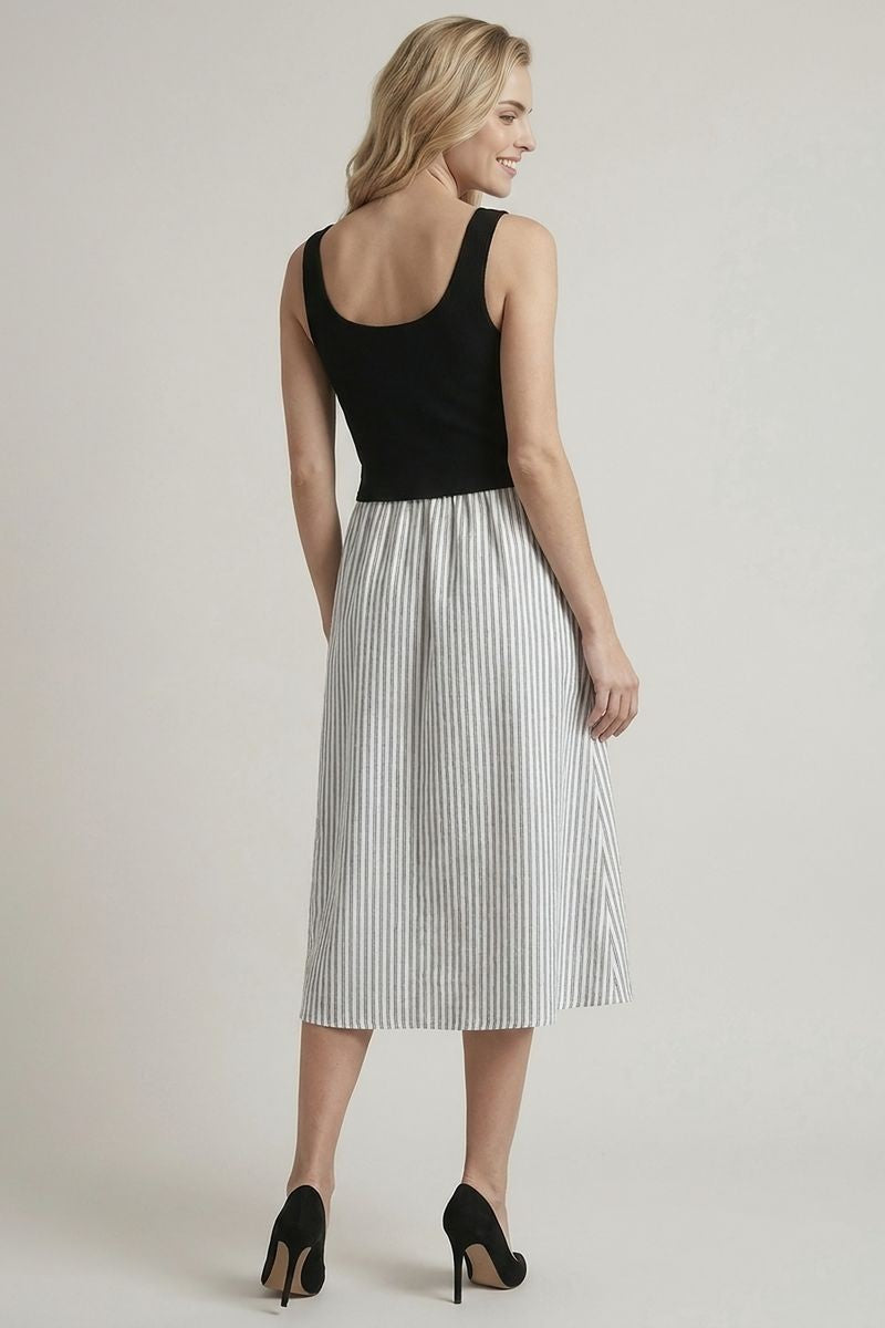 Striped Skirt Twofer Midi Dress Off White