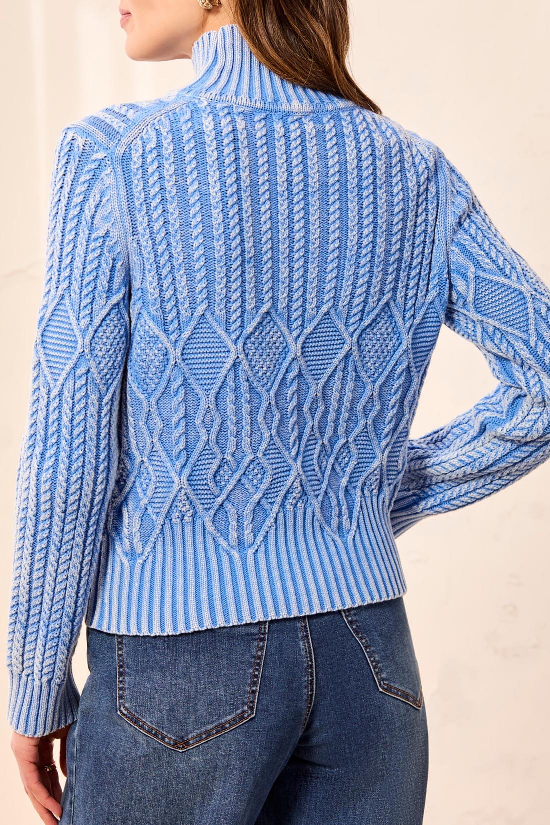 Detailed Knit Special Wash Mock Neck Sweater Blue Aura