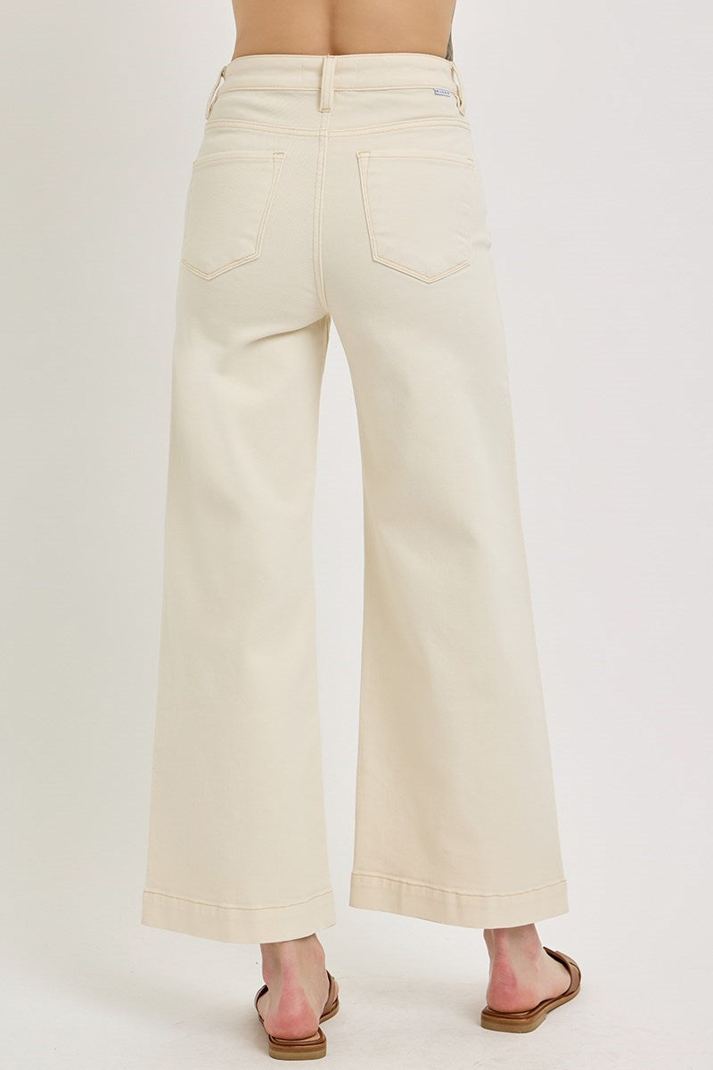 Tummy Control High Rise Crop Detail Wide Jeans Ivory