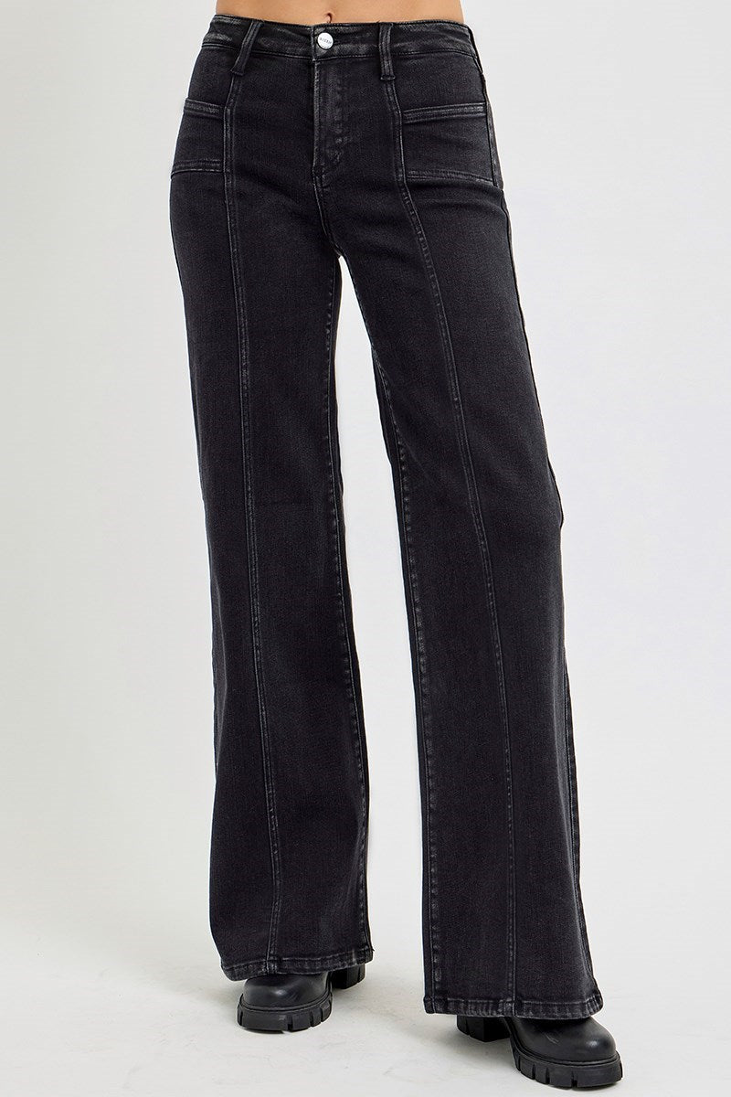 Mid Rise Front Patch Pocket Wide Jeans Black