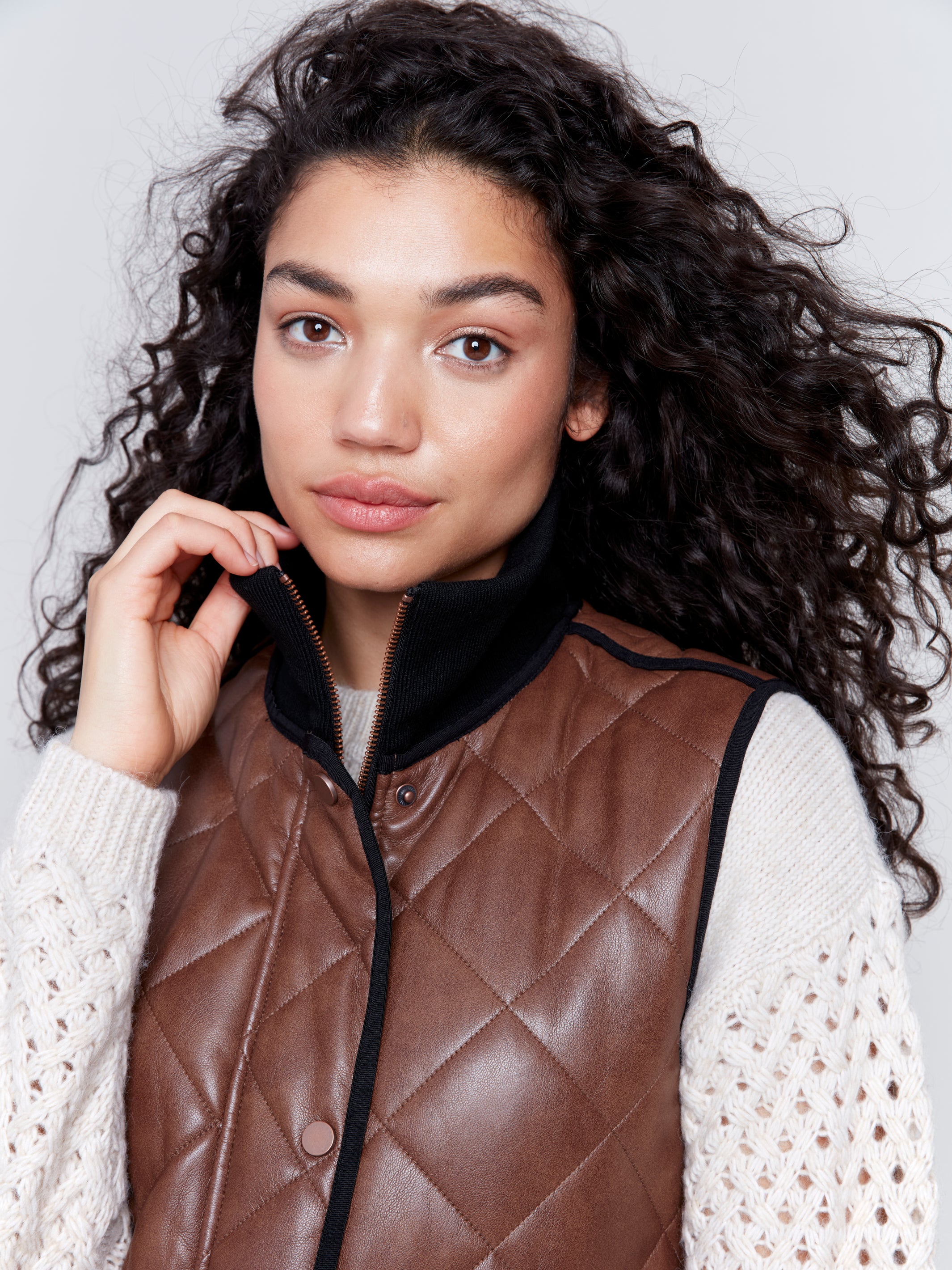 Long Quilted Leather Vest Cognac