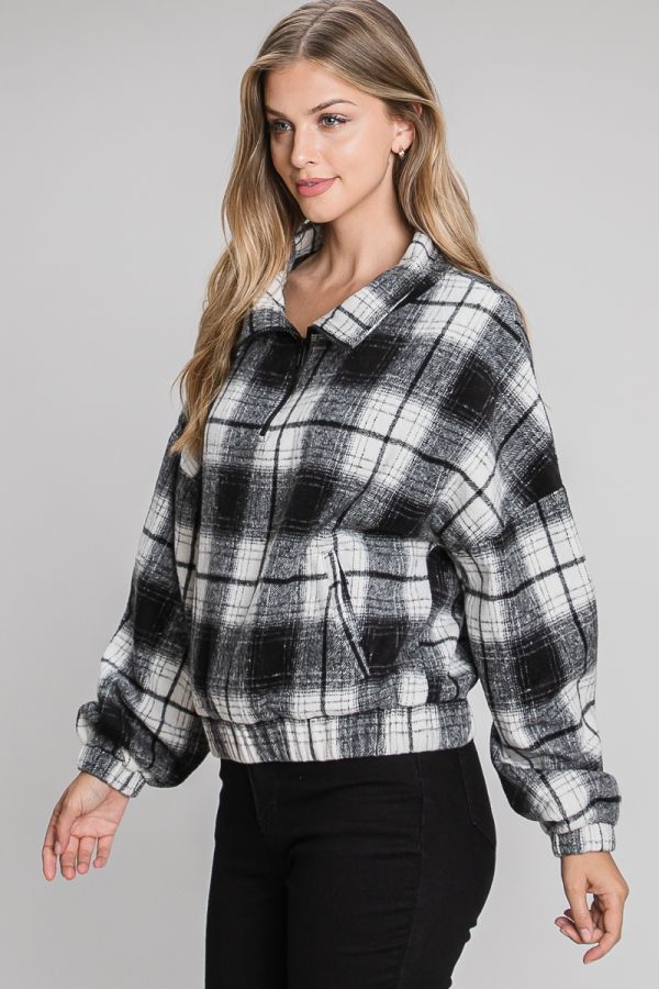 Half Zip Plaid Pullover Elastic Waist Pullover Black + White