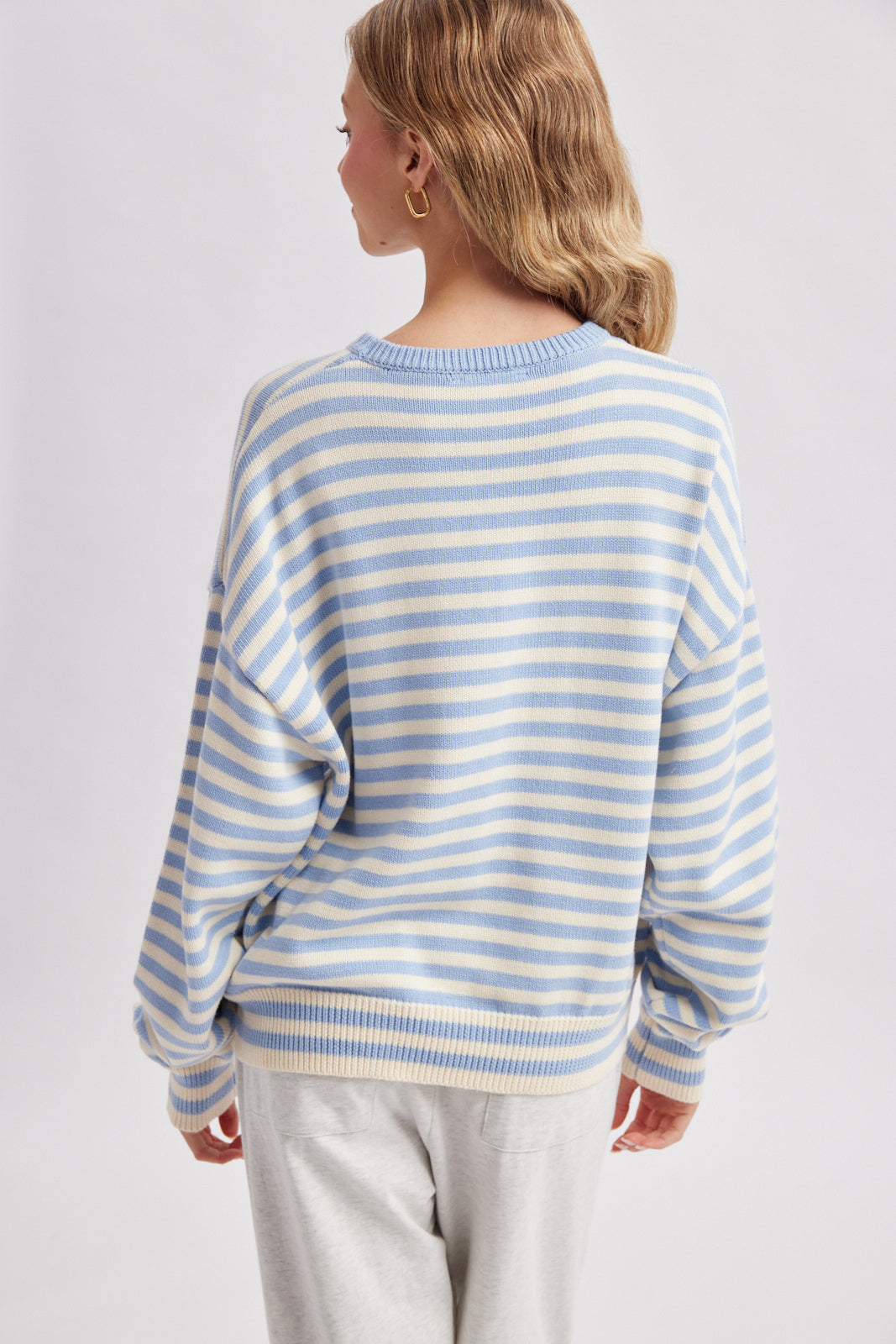 Striped Fish Graphic Sweater Misty Blue + Cream