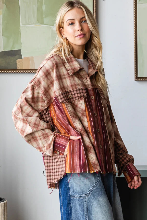 Washed Plaid Stripe Mixed Button Down Shirt Burgundy