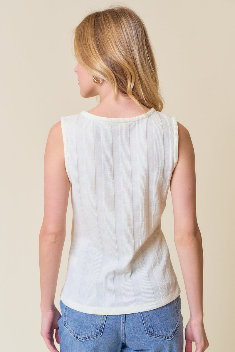 Zip Front Textured Stripes Tank Ivory
