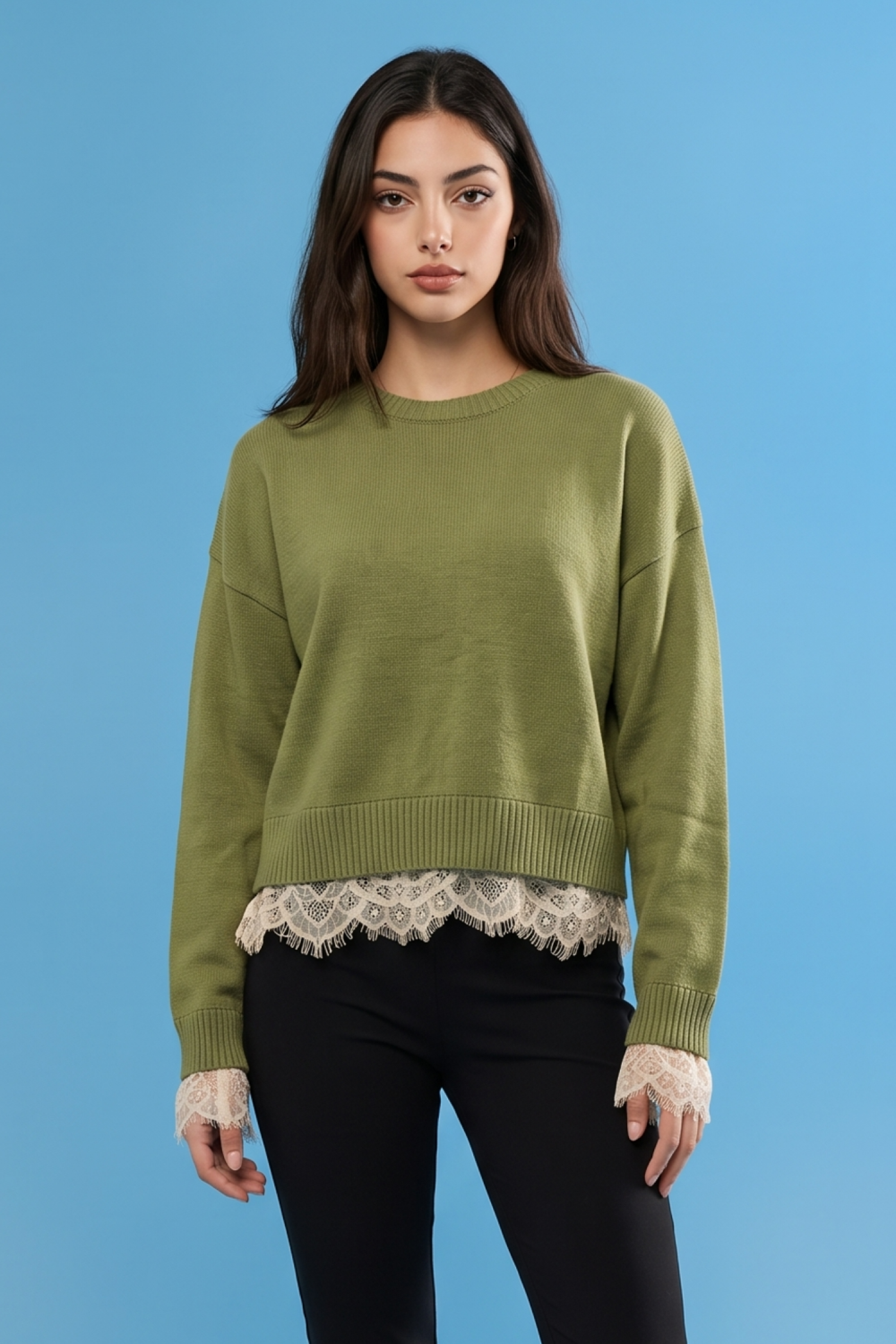 Lace Hem Detail Cropped Sweater Olive