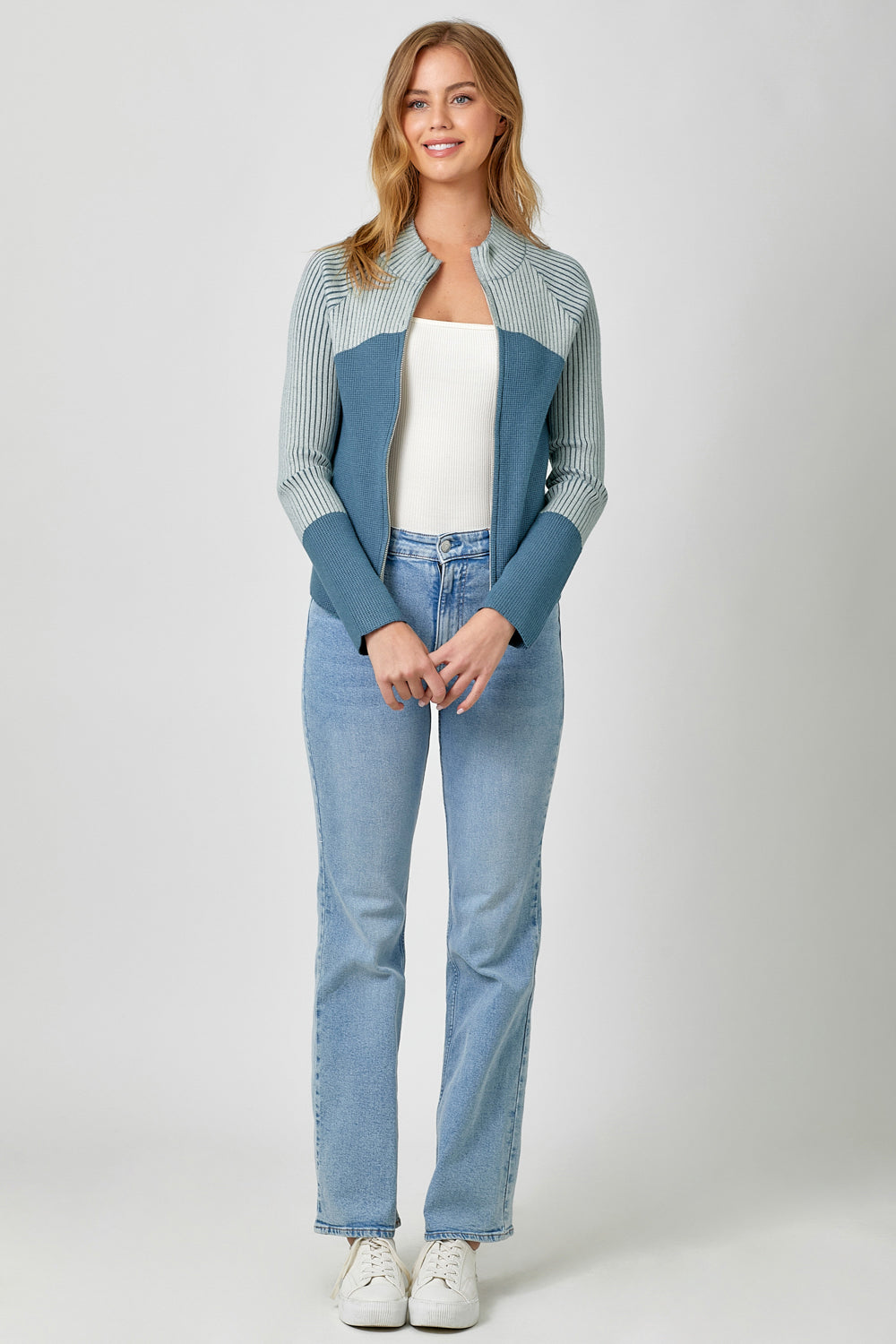 Stripe Contrast Fitted Mock Neck Zip Up Sweater Blue