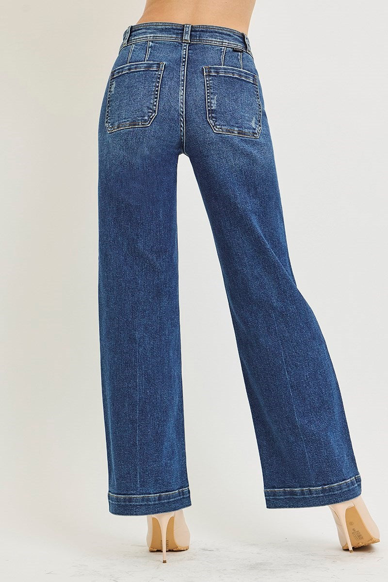High Rise Welt Pocket Ankle Straight Jeans Dark