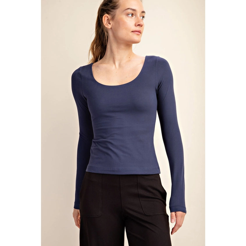 Butter Round Neck Long Sleeve Layering Top Navy