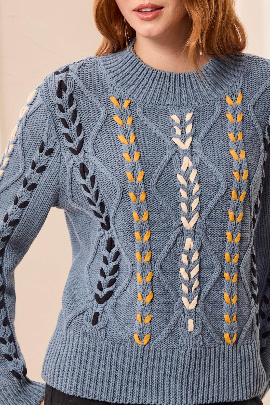 Mock Neck Cable Stitched Detail Sweater Blue Fog