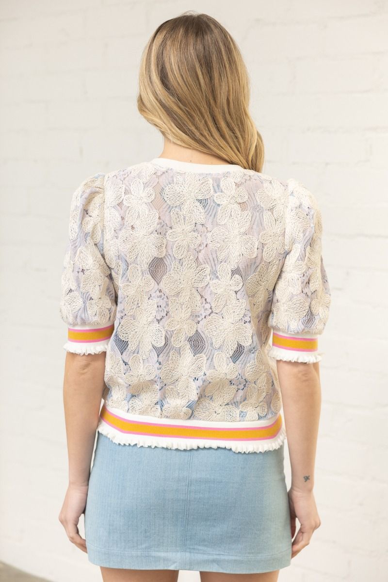 Striped Band Floral Embroidered Lace Top Lavender