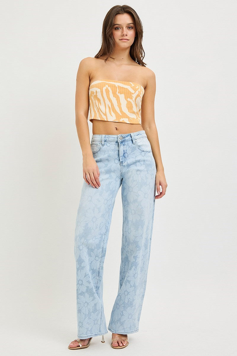 Bleached Daisy Print High Rise Wide Baggy Jeans Light