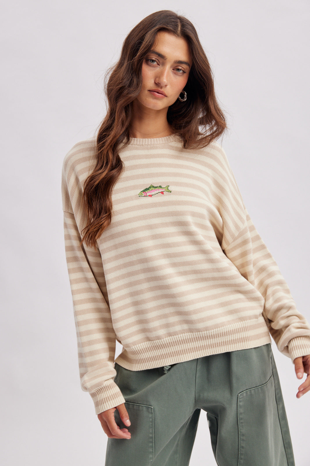 Striped Fish Graphic Sweater Taupe + Sand
