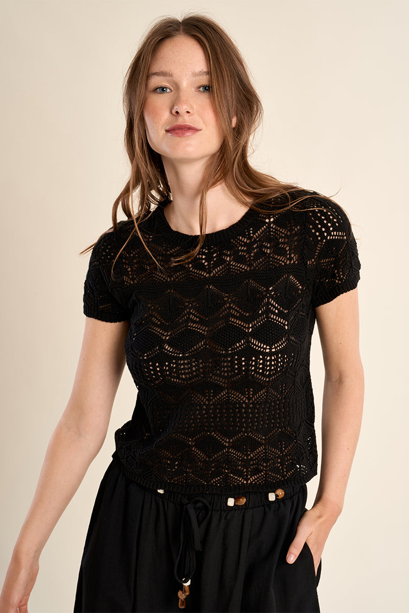 Open Crochet Knit Short Sleeve Top Black