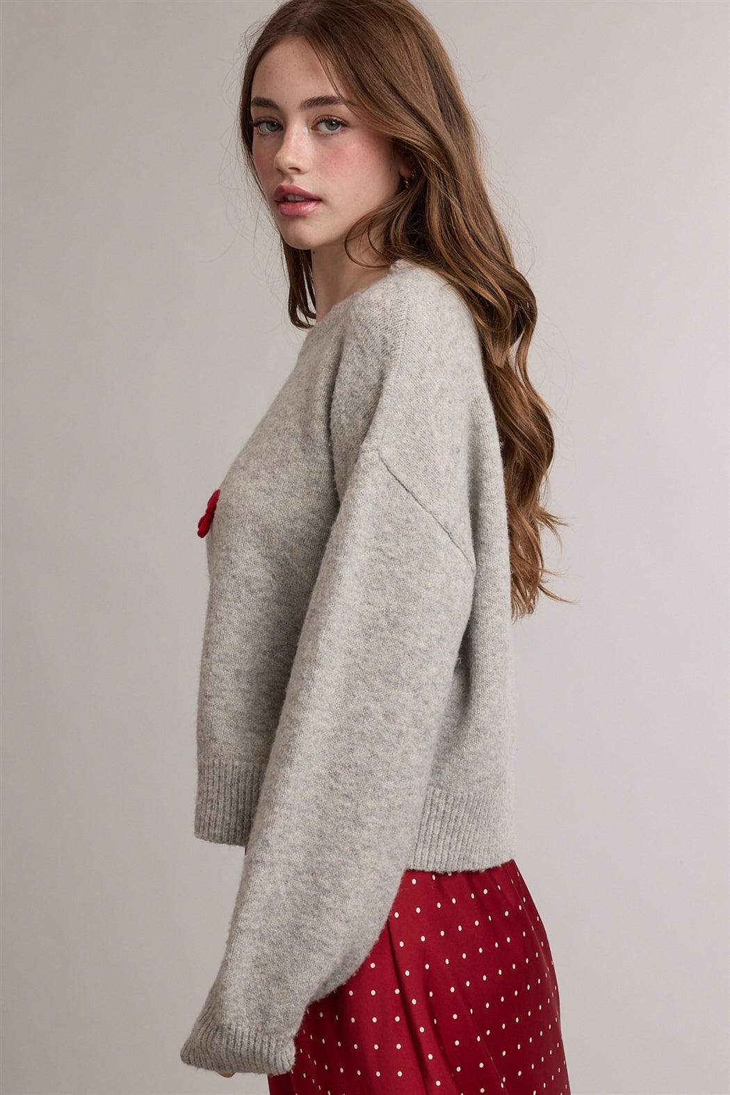 Embroidered Christmas Tree Bow Sweater Heather Grey