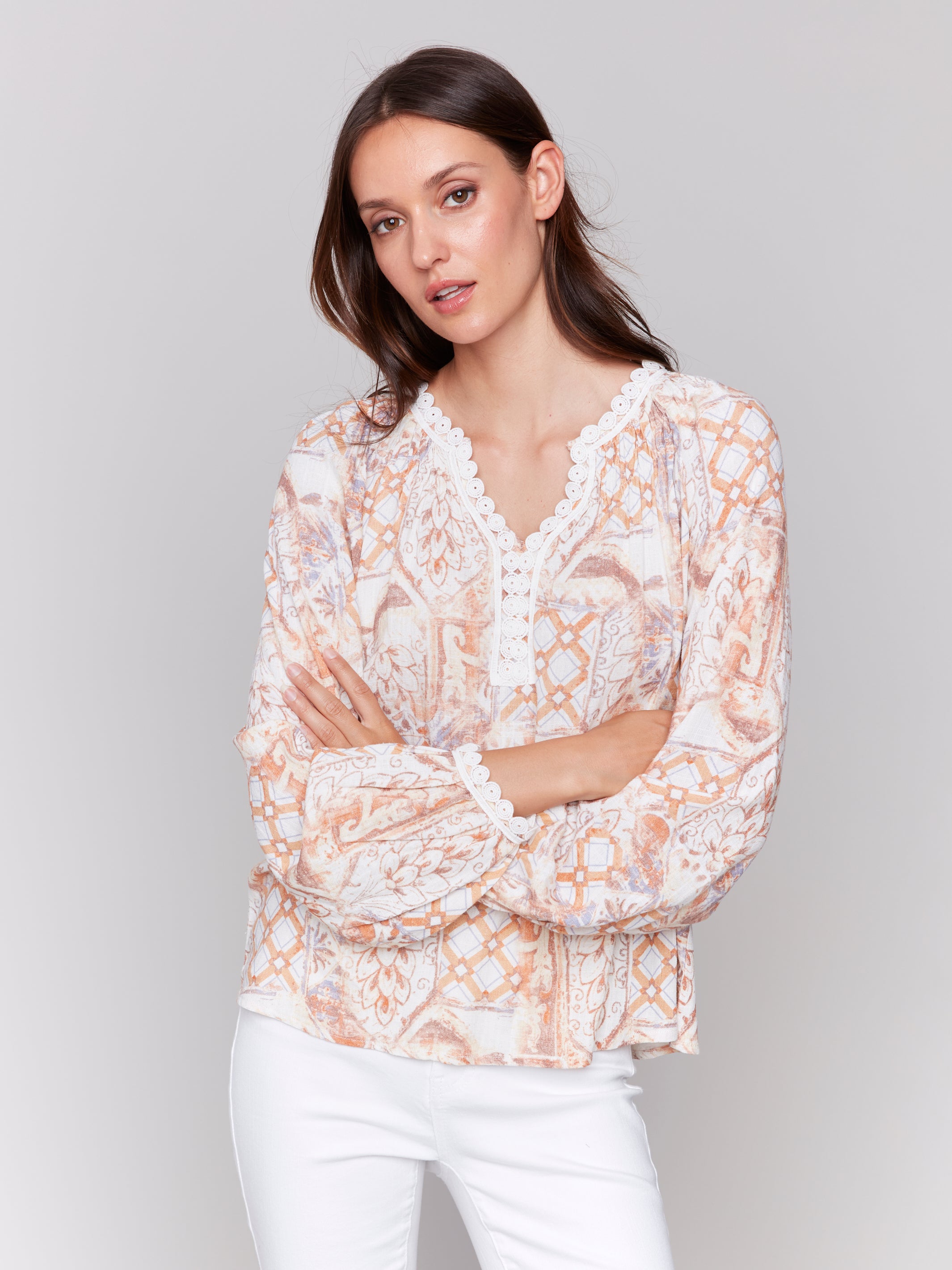 Printed Raglan Long Sleeve Blouse Papaya