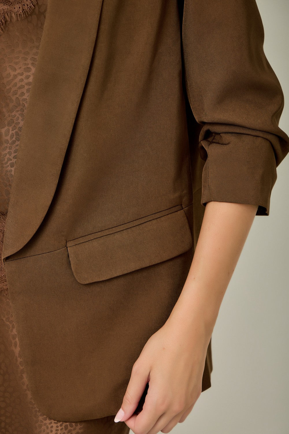 Solid Oversized Rouched Sleeve Blazer Brown