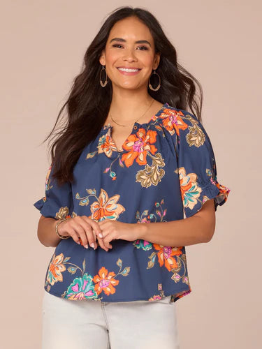 Floral Smock Neck Keyhole Printed Woven Top Navy Multi