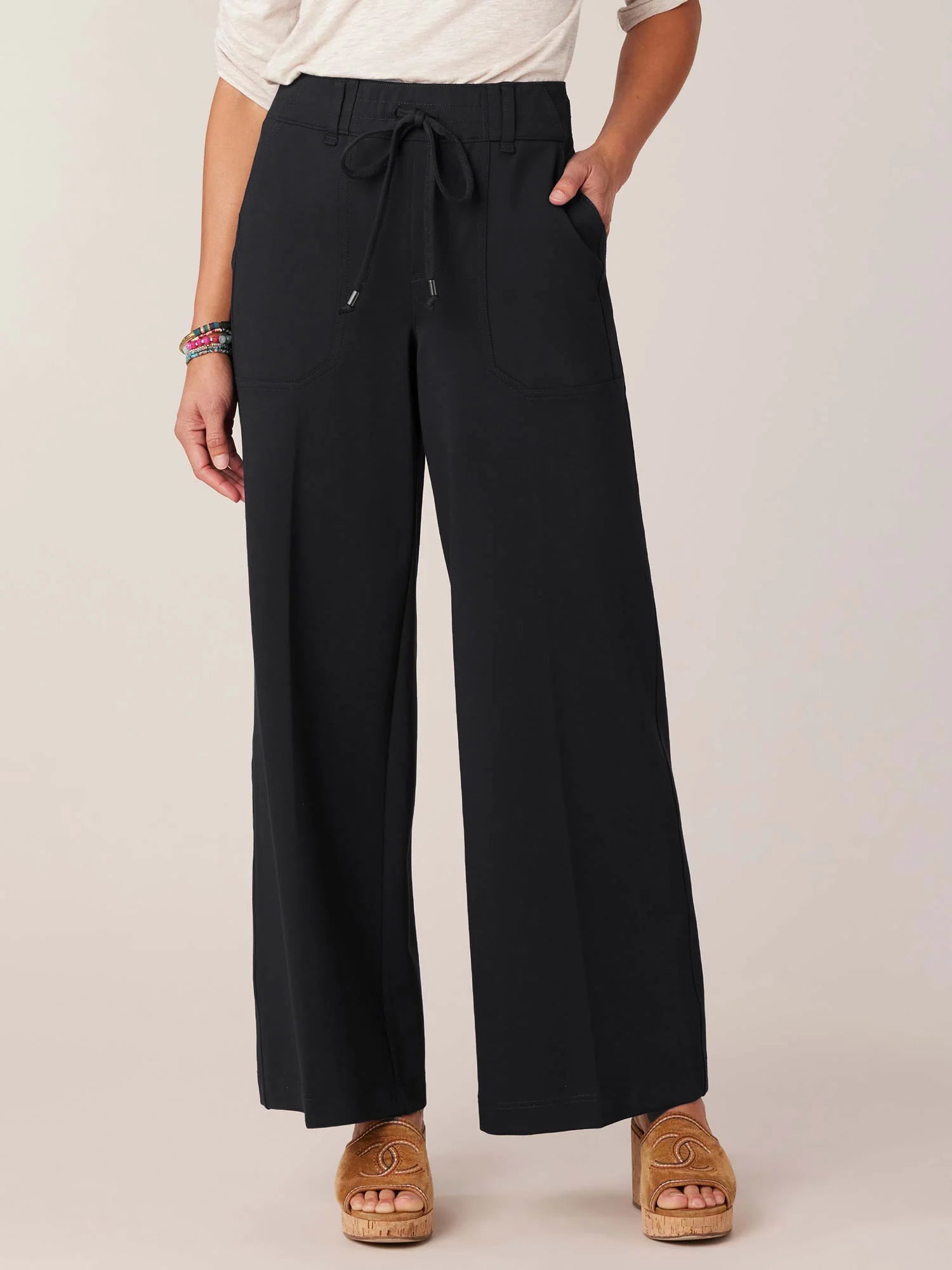 High Rise Ponte Patch Pocket Utility Wide Leg Pants Black