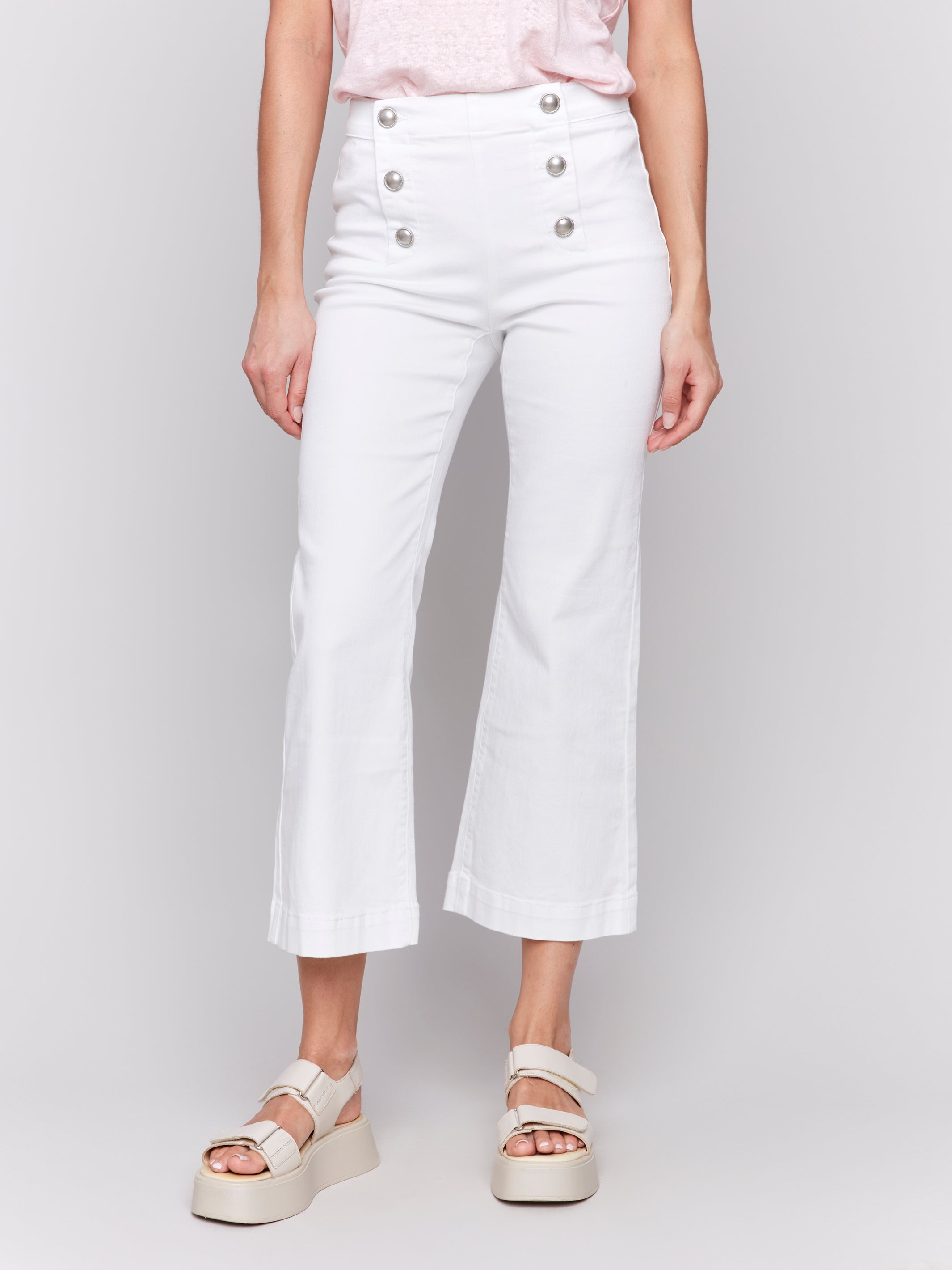 Front Button Pull On Flare Pants White