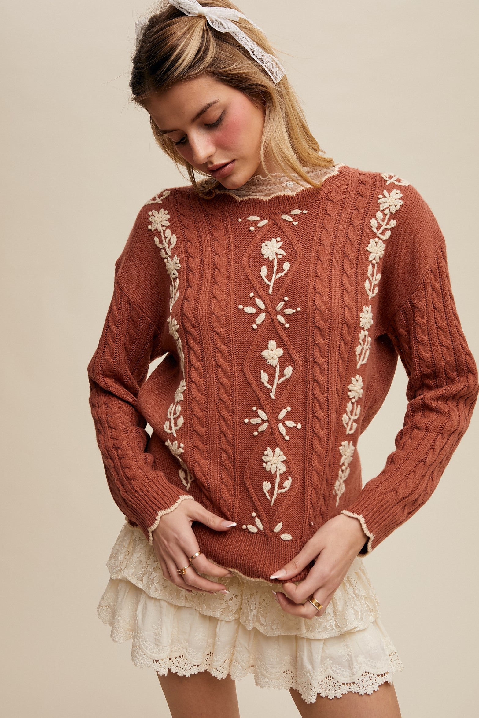 Floral Embroidered Cable Knit Terracotta