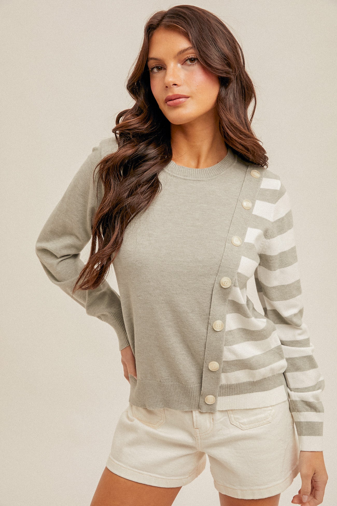 Asymmetric Button Detail Stripe Crew Neck Sweater Grey