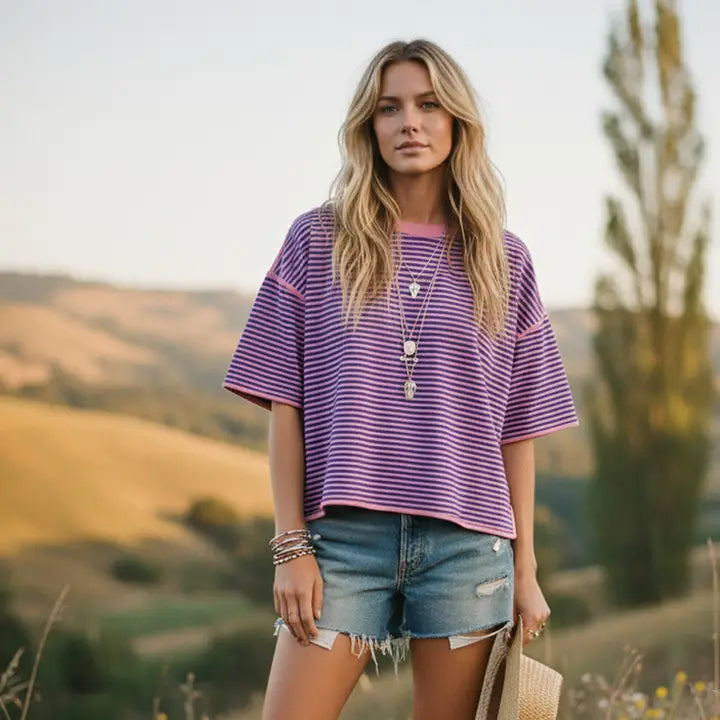 Striped Oversized Knit Top Pink + Royal
