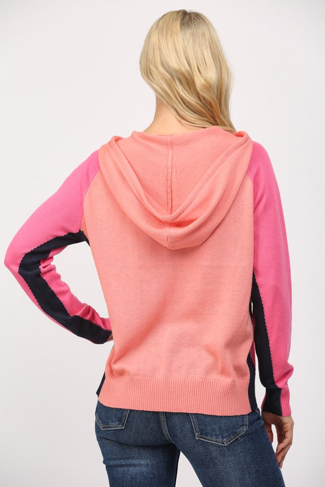 Colorblock Hooded Sweater Hot Pink + Tangerine