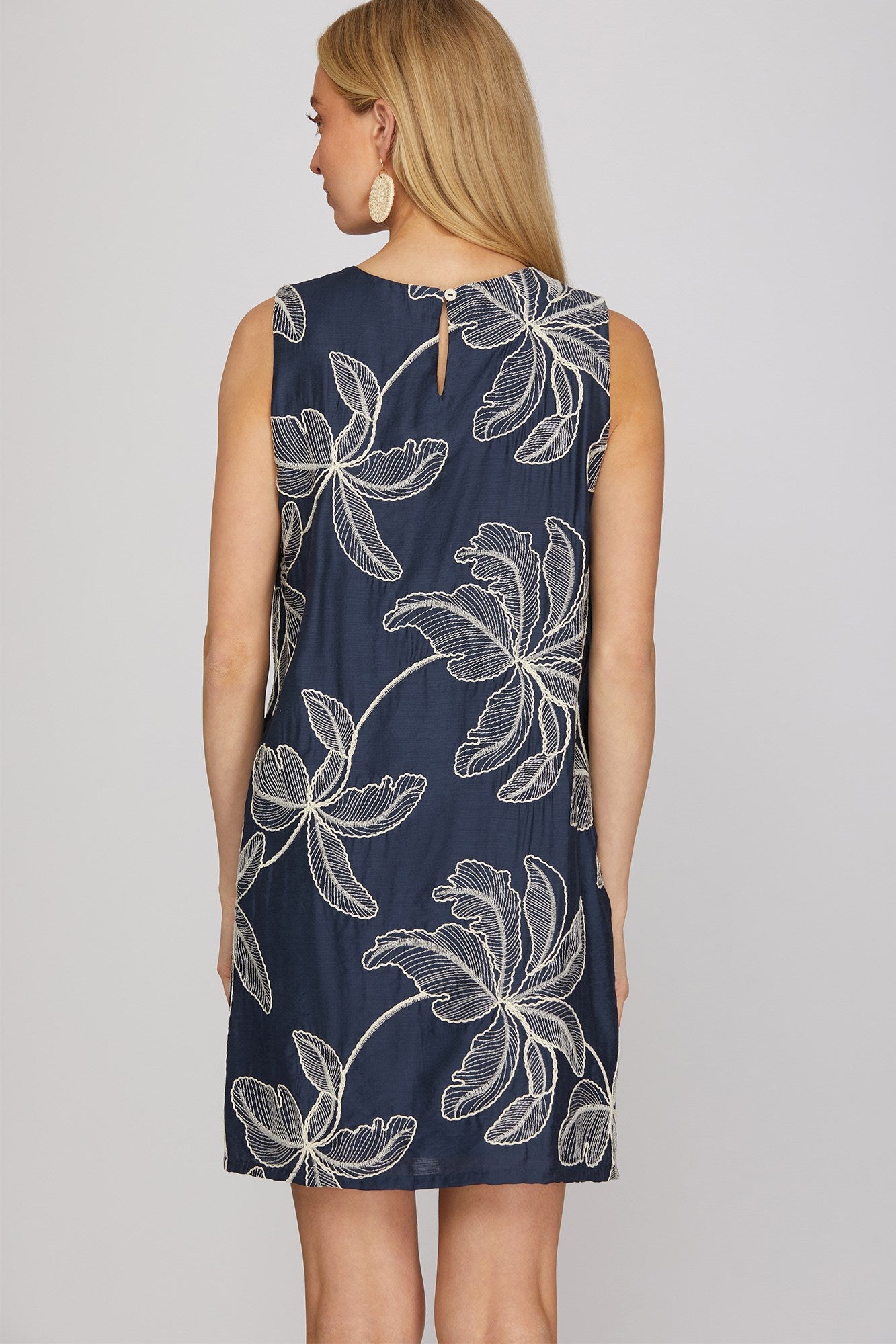 Embroidered Palm Floral Mini Dress Navy