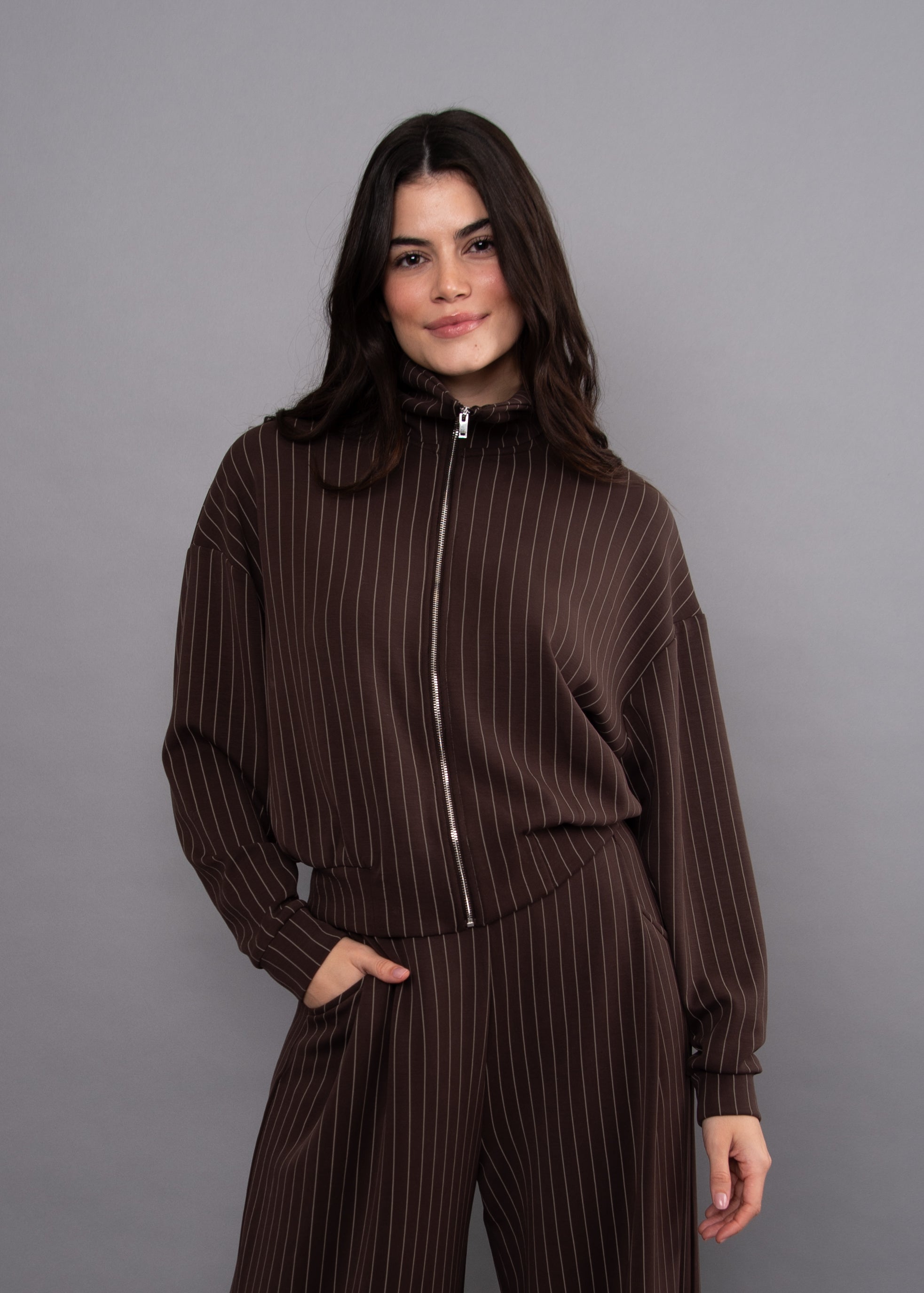 Mauritz Striped Modal Zip Mock Neck Jacket Brown