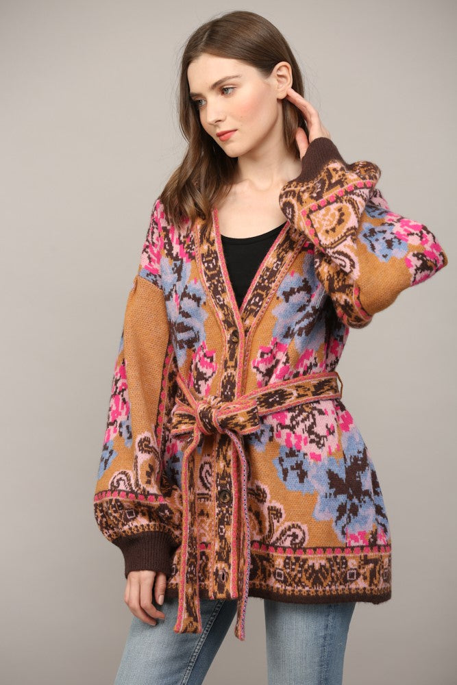 Tapestry Pattern Jacquard Waist Tie Cardi Camel Multi