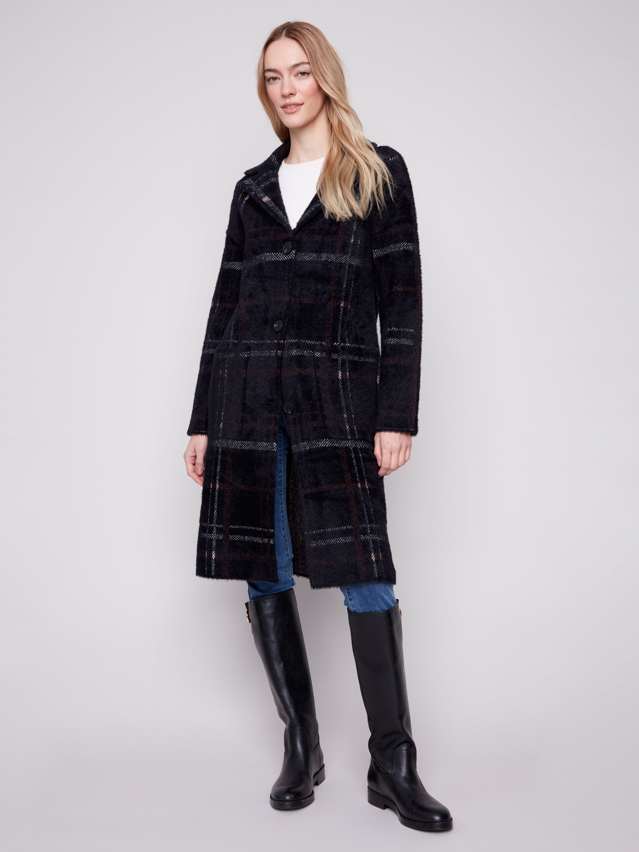 Plaid Patch Pocket Knit Coatigan Mocha